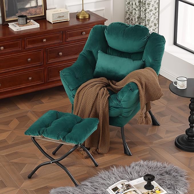 Lazy Chair with Ottoman, Modern Accent Chair with Lumbar Pillow, Comfy Chairs with Folding Footrest for Bedroom, Reading, Oversized Supportive Lounge Chairs(Velvet Dark Green)