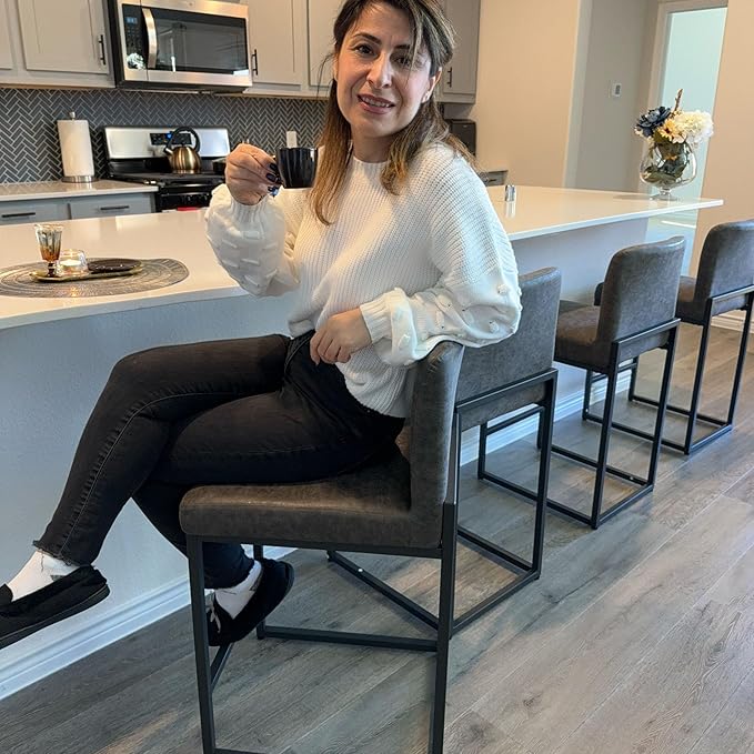 PHI VILLA Grey Bar Stools Set of 4 - Counter Height 24'' Bar Stool Pu Leather Kitchen Modern Bar Chairs, Bar Stools with Back