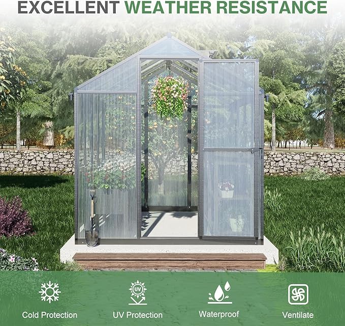 Aoodor 6 x 8 Ft Walk-in Greenhouse with Gutter, Polycarbonate and Heavy-Duty Aluminum Frame, Adjustment Skylight and Lockable 2-Sided Door for Patio, Outdoor, Yard, Lawn Use, Black