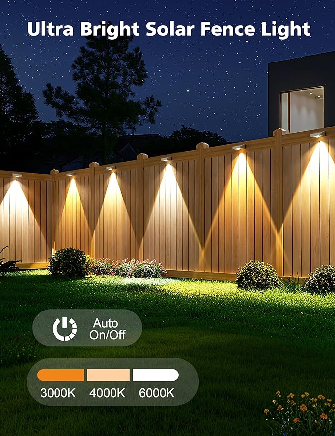 VOLISUN Solar Fence Lights, Fence Lights Solar Powered, IP65 Waterproof LED, 3 Color Temperatures Solar Light for Fence, Yard, Wall, Backyard (8 Pack, White)