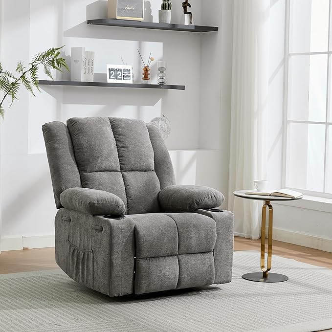 Manual Recliner Chair with Heating & Massage,Ergonomic Overstuffed Breathable Fabric Reclining Chair with Side Pockets,Q235 Steel Frame Lazy Boy Recliner Single Sofa for Living Room Bedroom