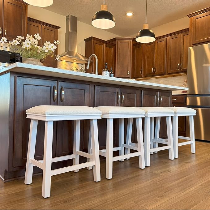 PHI VILLA Bar Stools Set of 2 - Solid Wood Legs Counter Height Barstools with Upholstered Saddle Seat, 24 inch Kitchen Counter Island Stools