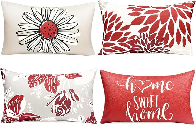 Decorative Throw Pillow Covers Set of 4 Wine Red Pillow Covers 12x20 inch Throw Pillow Cases Linen Square Pillow Case,Farmhouse Outdoor Modern Boho Pillow Covers for Couch Sofa Living Room