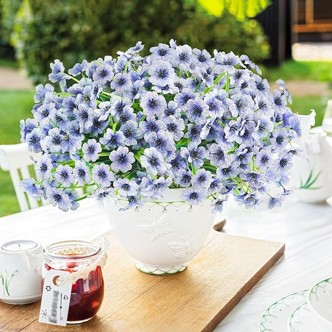 Uieke 72 Bundles Artificial Flowers for Outdoors UV Resistant Fake Flowers No Fade Faux Greenery Plastic Plants for Garden Porch Window Box Home Party Wedding Spring Summer Decor (Blue)