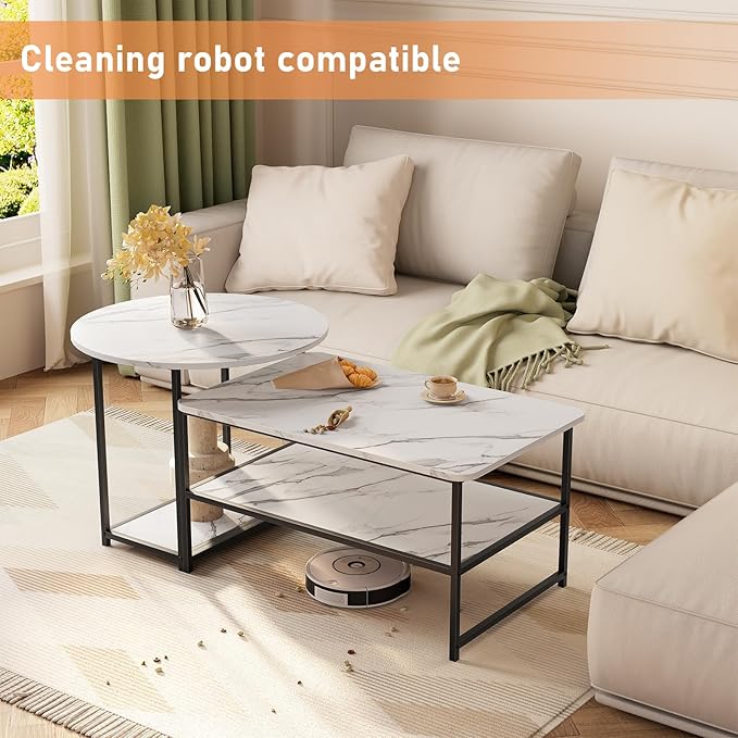 WOHOMO 48IN Faux Marble Wood Coffee Table with Adjustable Shelf, White Nesting Tables 2 in 1, Small Coffee Tables for Living Room