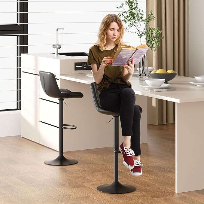 JAMFLY Bar Stools Set of 2, Swivel Bar Height Chairs Set of 2, Adjustable Tall Leather Bar Stools for Kitchen Island, Black