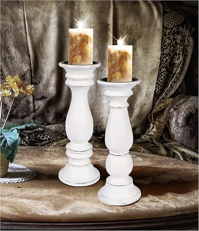 Set of 2 Tall Wooden Candle Holders (12"x4.5") in Rustic Antique White Finish. Perfect for Farmhouse Decor, Mantle, or Table Centerpiece. Holds Pillar Candles. Stylish, Sturdy, and Timeless Charm