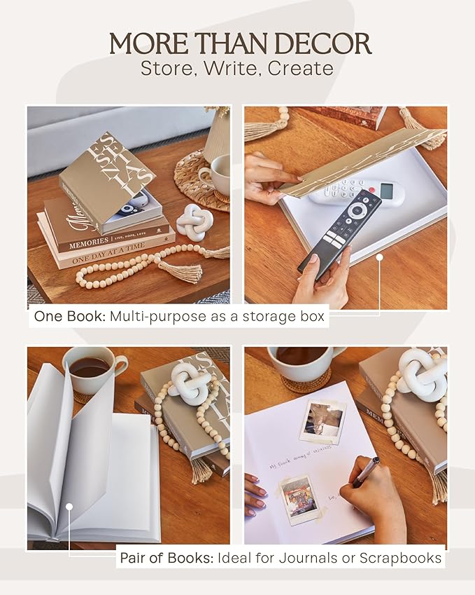 JULZEN Linen Decorative Books for Home Decor - Aesthetic Set of 3 Beige Fake Books for Coffee Table Decor with Faux Book Box Storage, Wood Knot & Bead Garland - Neutral Living Room Decoration