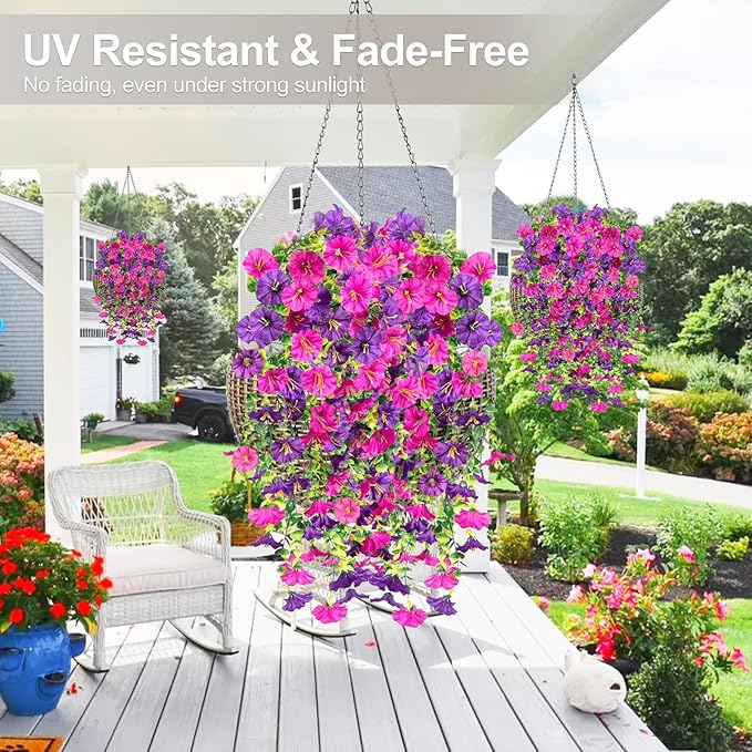 Artificial Flowers for Outdoors Decoration, 4Pcs Fake Hanging Flowers Morning Glory UV & Fading Resistant, Artificial Faux Plants Deocr for Home Porch Patio Balcony Planter Yard Garden Farmhouse