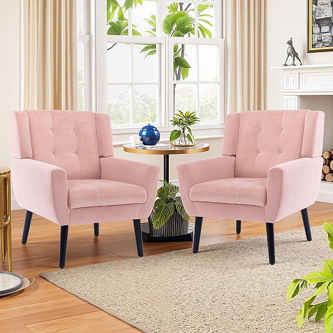NicBex Accent Chair Set of 2, Modern Chair for Living Room Upholstered Foam Filled Living Room Chairs with Metal Legs Velvet Cozy Lounge Armchair for Living Room Bedroom,Pink