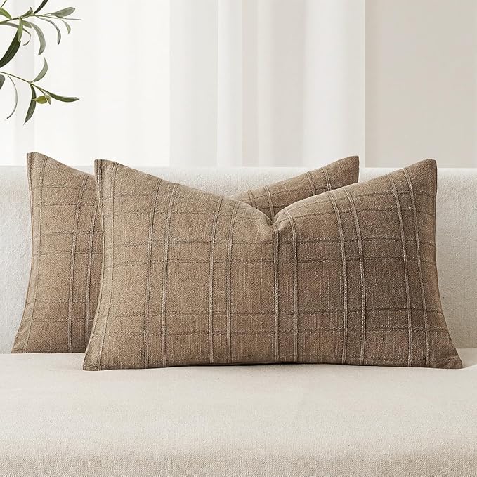 MIULEE Decorative Linen Check Lumar Throw Pillow Covers Neutral Farmhouse Vintage Pillow Covers 12x20 Set of 2 Boho Modern Winter Home Decor for Sofa Couch Bedroom Cushion Light Brown