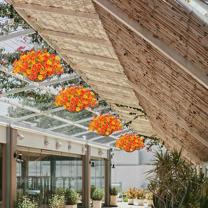 Artificial Hanging Faux Flowers Basket, Fake Silk Petunias Plants Arrangement,for Summer Fall Outdoor Decoration,UV Resistant, Morning Glorias,for Home Garden Decor (Orange&Yellow)