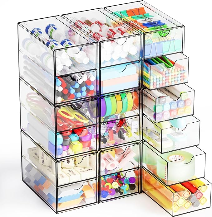 Yieach 9 Pack Small Acrylic Drawers With 18 Drawers,Clear Drawer Organizers Stackable,School,Office Supplies Organizer And Storage Bins for Stationery,Pen,Pencil,Craft,Glasses,Sunglass Organizer Case