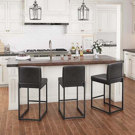 PHI VILLA Black Leather Bar Stools Set of 3, Counter Height Bar Chairs Modern Faux Leather Stools for Kitchen Island, 24 inch Barstools with Back
