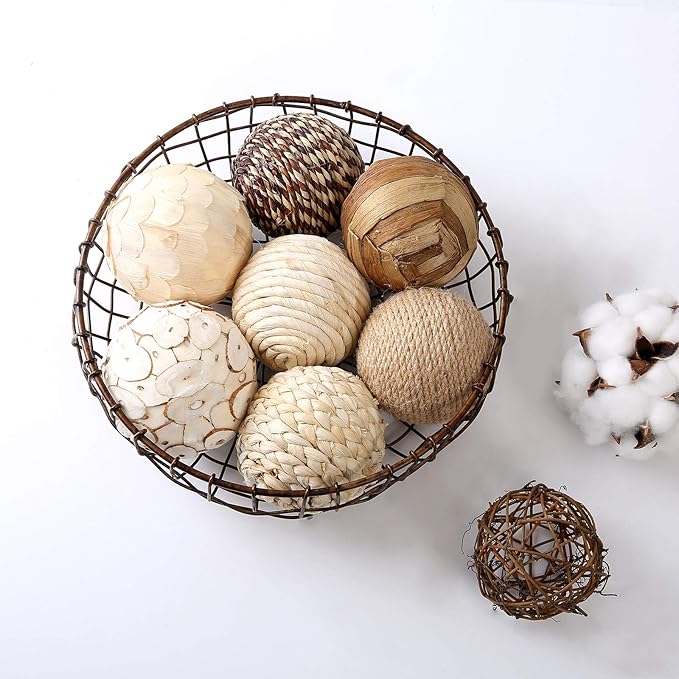 Assorted Decorative Spherical 9pcs Brown White Orbs Natural Twig Rattan Woven Cotton Balls for Vase Bowl Filler Tabletop Decor