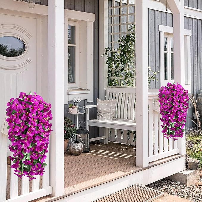 2 pcs Artificial Faux Bougainvillea Flowers Plants for Outdoor Outside Summer Decoration, Fake Silk UV Resistant Long Trailing Vines for Front Door Porch Planter Balcony (Purple Deep Lotus)