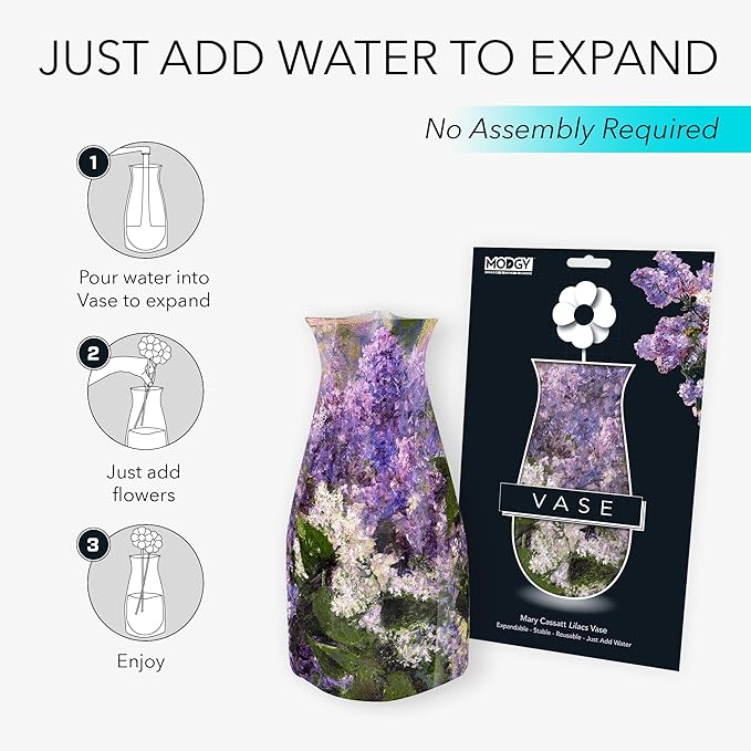 MODGY Expandable Flower Vase Set, Plastic Decorative Modern Foldable Printed Vases for Centerpieces for Wedding, Dining Table, Home Decor, Living Room, Bathroom, Office, Mary Cassatt Lilacs, 4 Pack
