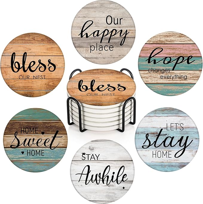 Britimes Coaster for Drinks Set of 6, Wooden Planks Wood Paint Table Absorbent Round Ceramic Stone Mat, with Cork Base and Metal Holder, Gift for Housewarming Room Bar Decor