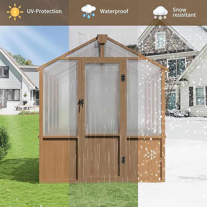 6x8 FT Greenhouse, Wooden Walk-in Greenhouse for Outdoors with 6MM Thick Polycarbonate Panel and Adjustable Roof Vents, Garden Backyard, Patio, Lawn, Wood Colour