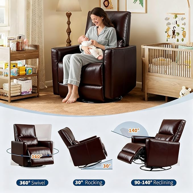 GarveeHome Recliner Chair, 360° Swivel Rocker Glider Nursery Chair with Padded Armrest and Deep Seat, PU Leather Upholstered Reclining Sofa Chair for Living Room, Bedroom and Nursery (Dark Brown)