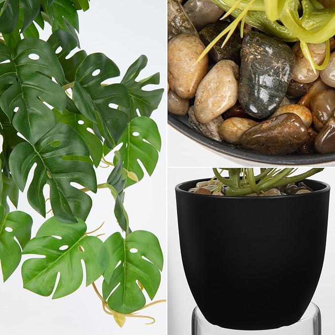 DILATATA Fake Plants Indoor 8 Inch Artificial Monstera Plant in Black Plastic Pot - Faux Potted Tropical Palm Plant for Home Aesthetic Decor Living Room Shelf Office