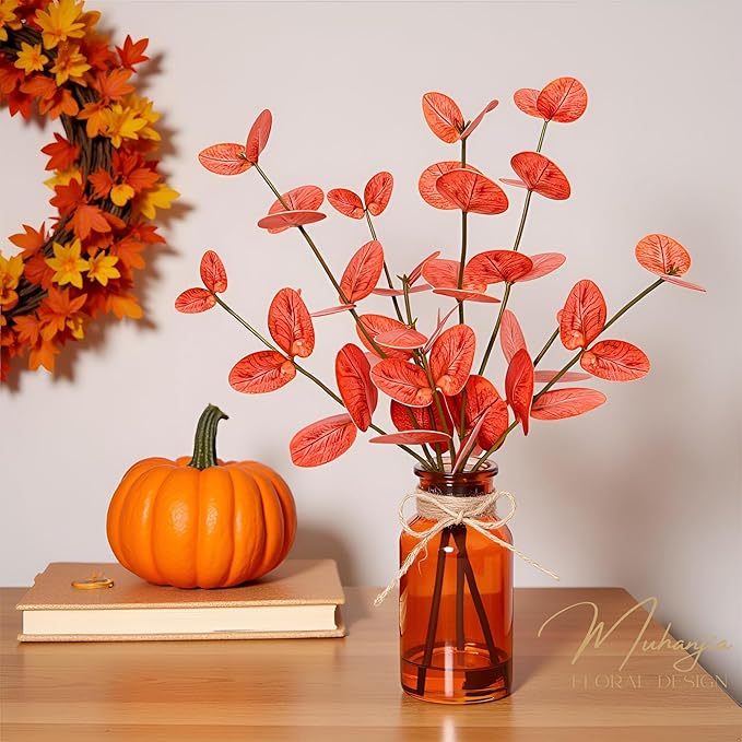 Artificial Eucalyptus Stems in Amber Glass Vase with Faux Water,3Pcs Fake Plant with Double-Sided Orange Leaves for Centerpiece (Double-Sided Orange Eucalyptus)