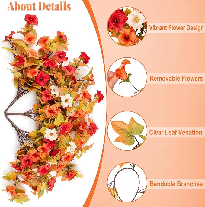Artificial Fake Fall Flowers with Hanging Basket Plants for Outdoor Autumn Decoration,Silk Faux Flower UV Resistant Petunias for Home Porch Patio Garden Balcony Yard Decor Real Looking(Orange White)