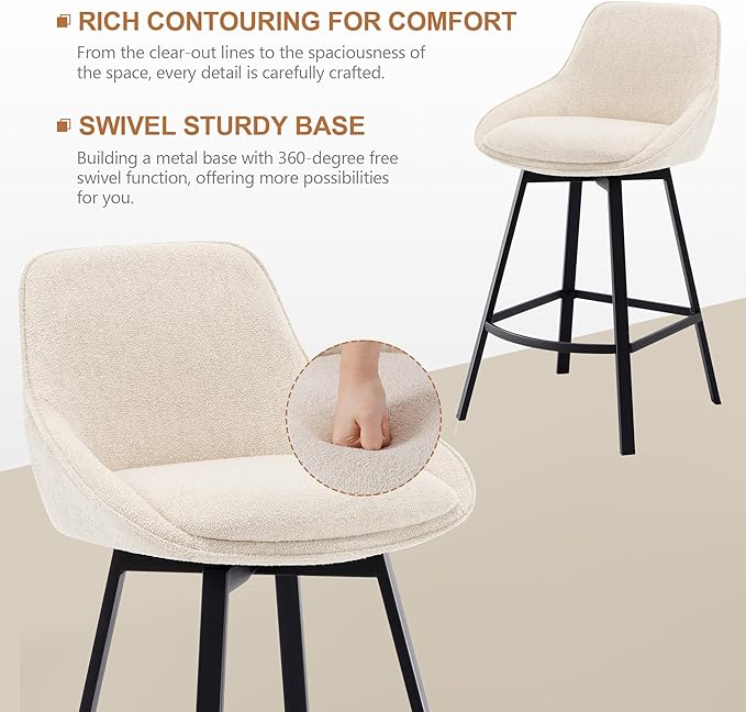 Zesthouse Swivel Bar Stools Set of 3, Modern Counter Height Barstools with Backs, 26'' Upholstered Linen Fabric High Chairs for Island Kitchen, Counter Height Chairs with Metal Legs, Beige