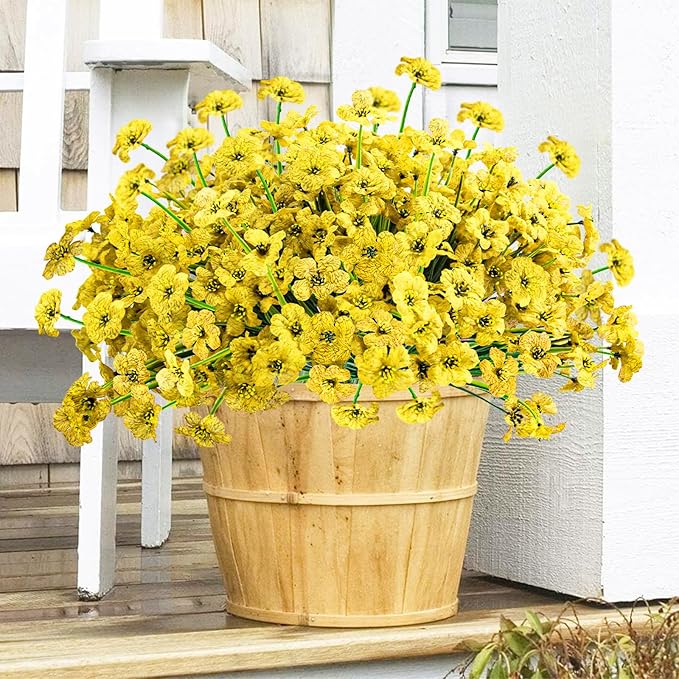 Krissing 48 Bundles Outdoor Artificial Flowers UV Resistant Fake Silk Flowers Faux Plastic Plants Outside Garden Porch Window Box Summer Decoration (Yellow)
