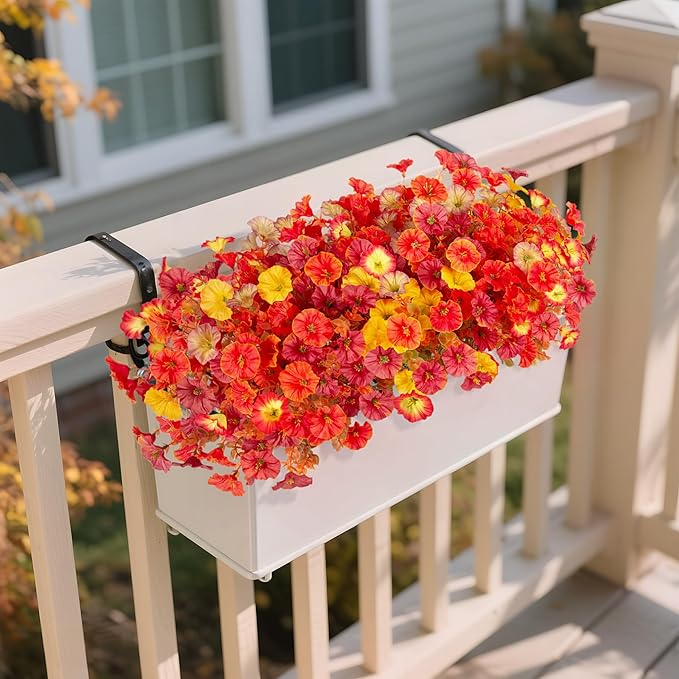Fall Artificial Flowers for Decoration, 12 Bundles Fake Autumn Flower Plants Petunias, Faux Silk Morning Glory Eucalyptus for Planter Garden Porch Front Door Window Box, Orange Red Yellow