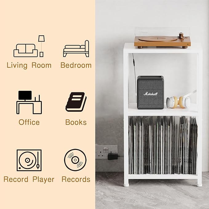 End Table with LED Light,Record Player Stand with Albums Storage,Vinyl Records Storage,Turntable Stand Side Table for Music Room Studio Living Room Bedroom-Rustic White