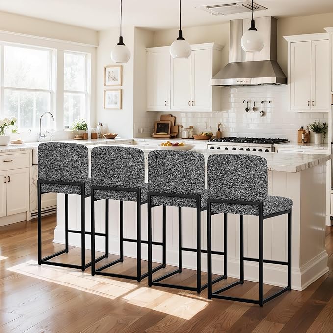 ALPHA HOME 24" Bar Stools Set of 4 Kitchen Counter Stools with Back, Counter Height Stools with Upholstered Footrest for Kitchen Island, Metal Steel Frame, Chenille, Black