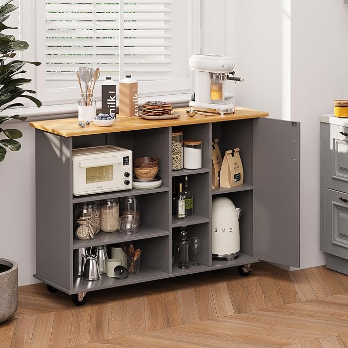 Shintenchi 47”W Kitchen Storage Island Cart with 6 Open Shelves and 1 Cabinet, Portable Trolley Cart with Wood Work Top and Handle/Towel Rack, Gray