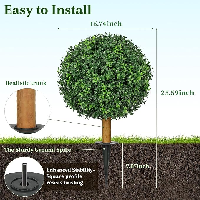 25.6'' Artificial Plants Outdoor with Spike, UV Resistant Boxwood Topiary Ball Fake Plants, Outdoor Faux Plants for Balcony Yard Garden Entryway Front Door Decor Home Decor Porch Decor, 2 Pack