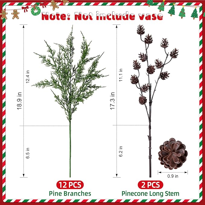Faux Cedar Stems Artificial Norfolk Pine Branches for Christmas Decor, 12 PCS Fake Pine Stems with 2 PCS Pine Cones Branches Real Touch Realistic Faux Greenery for Vases DIY Garland Xmas Table Indoor