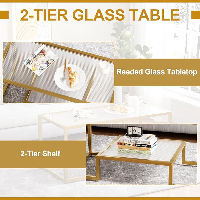 Coffee Table Gold Glass Coffee Table for Living Room,2 Tiers Rectangle Center Table with Ribbed Glass Top and Sturdy Metal Frame,Modern Glass Accent Table for Bedroom Home Office