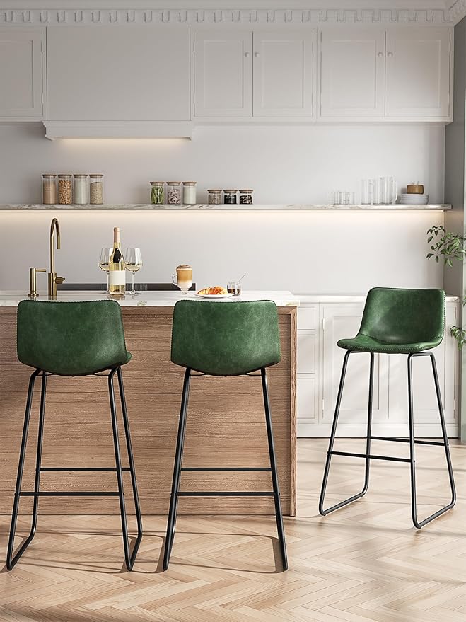 Bar Stools Set of 6, 30 Inches Counter Height Bar Stools with Back, Modern Faux Leather Barstools with Metal Legs and Footrest, Bar Chairs for Kitchens Island (Green)