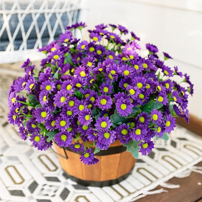Daisy Artificial Flowers for Outdoors Summer Fall Decoration, 6 Bundles Fake Mums Purple Silk Flowers for Outside Look Real UV Resistant Faux Flowers Plants for Planter Front Door Home Indoor Porch