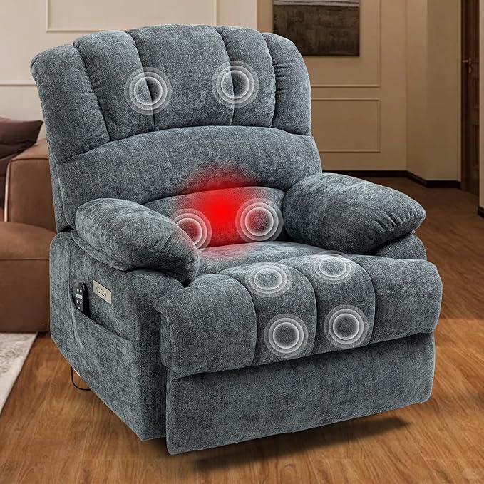 Power Lift Chair with Massage Lumbar Heating, Large Recliner Chair for Adult, 23" Wide Seat Big and Tall Recliner Sofa with Remote Control, Standing Assistance, Cup Holders, Blue Grey