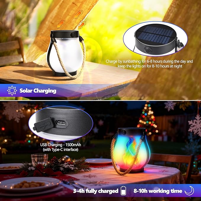 Christmas Solar Flame Lantern Hanging Outdoor Waterproof Purple - 2 Pack Flame Lanterns with Dual Charging Modes of Solar & USB for Garden or Yard Decorations (Multicolor - 1 Pack)