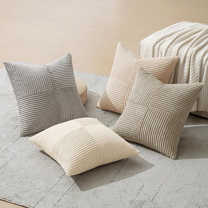 MIULEE Neutral Decorative Throw Pillow Covers 20x20 Inch Set of 4 for Livingroom Couch Sofa Modern Farmhouse Soft Corduroy Cushion Cases Striped Patchwork Home Decor (Cream,Grey)