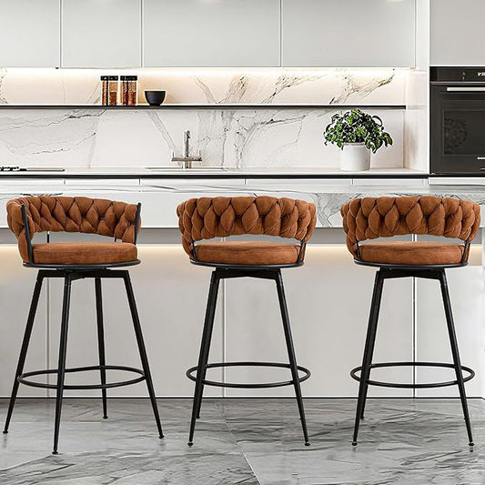 Brown Bar Stools Set of 3, 28 Inch Barstool with Metal Legs, 360° Swivel Counter Height Bar Stools with Woven Back Leather Upholstered, Modern Chair for Kitchen Island, Cafe
