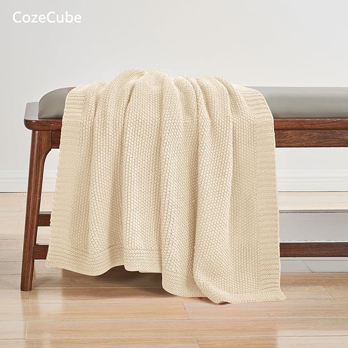 CozeCube Beige Throw Blanket for Couch, Soft Cozy Cable Knit Throw for Bed Sofa Living Room, Lightweight Warm Decorative Farmhouse Christmas Blanket, 60"x80", Light Beige