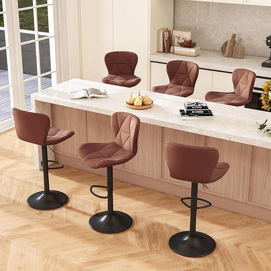 Bar Stools Set of 6,Adjustable Swivel Barstools, Faux Leather Bar Chairs,Upholstered Counter Height with High Backrest for Kitchen Island, Brown