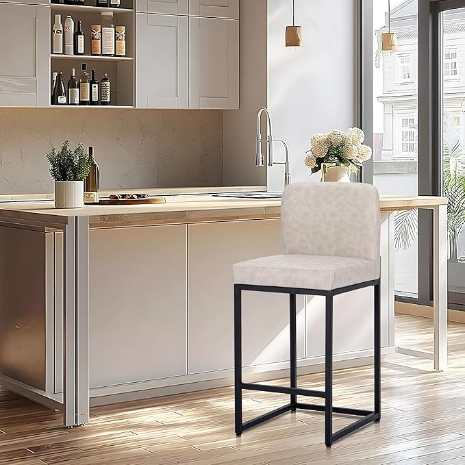 ALPHA HOME 24” Bar Stools Set of 1 Counter Height Bar Stool Pu Leather Kitchen Modern Bar Stools with Backrest Upholstered Footrest Sturdy Chromed Metal Steel Frame, Light Gray