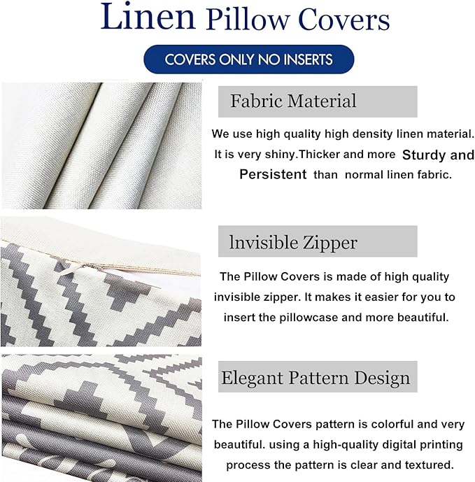 Decorative Throw Pillow Covers Set of 4 Grey Pillow Covers 18x18 inch Throw Pillows Linen Square Pillow Case,Farmhouse Outdoor Modern Geometric Pillow Covers for Couch Sofa Living Room