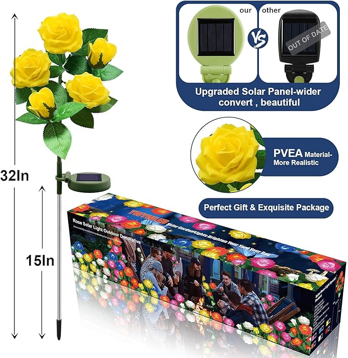 Solar Flower Lights Outdoor - Upgraded New Material Two Modes Realistic LED Solar Powered Waterproof with 5 Roses, Solar Decorative Stake Lights for Garden (Yellow, 1 Pack)