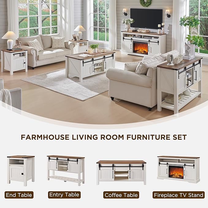 OKD Farmhouse Fireplace TV Stand for 70 Inch TV, 33" Tall Highboy Entertainment Center w/Electric Fireplace, Rustic Media Console w/Sliding Arched Door for Living Room,Antique White