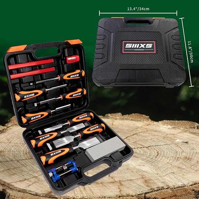 13pcs Professional Wood Chisel Set, 8pcs Woodworking Chisel Set with 1pcs Honing Guide, 1pcs Sharpening Stone and 2pcs Carpenter Pencils