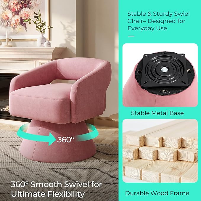 LINSY Swivel Accent Chair, Small Barrel Chair 360 Swivel Modern Armchair, Upholstered Reading Chair for Small Spaces Living Room, Vanity Chair for Bedroom, Pink